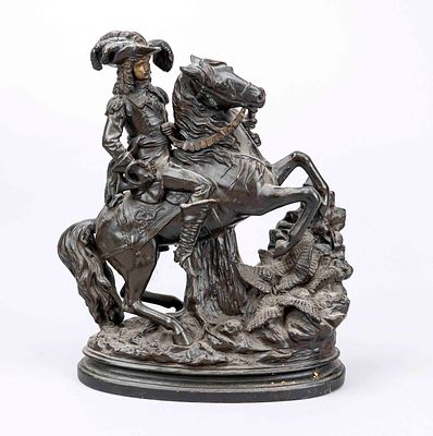 Unknown sculptor, circa 1900, young Renaissance nobleman with hunting horn on a rearing horse 