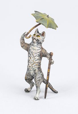 Viennese bronze, 20th century, polychrome cold-painted bronze in the form of a cat with a cane 