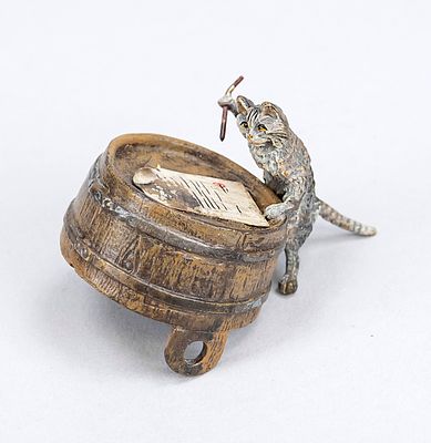 Viennese bronze, 20th century, polychrome cold-painted bronze in the form of a cat writing a 