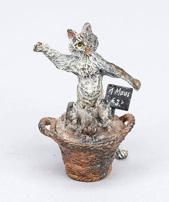 Viennese bronze, 20th century, polychrome cold-painted bronze in the form of a cat selling mice 