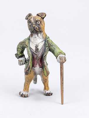 Viennese bronze, 20th century, polychrome cold-painted bronze in the form of a dog with a 