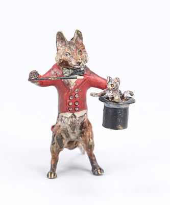 Viennese bronze, 20th century, polychrome cold-painted bronze in the form of a fox conjuring a 