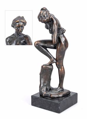 Max Klinger (1857–1920), female nude (bather reflected in the water), black-brown patinated 