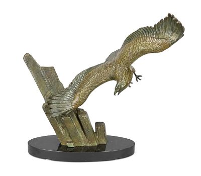 Rulas, Art Deco sculptor, ca. 1920, large eagle flying around a cliff, green-brown patinated 