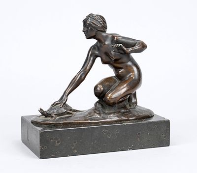 Eduard Weber (1865–1940), Nude Girl with Turtle, bronze with a brown patina, signed, on a black 