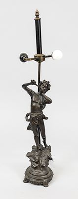 Figurative lamp, early 20th century, cast metal. Pan in contrapposto on a terrain base, 2-light 