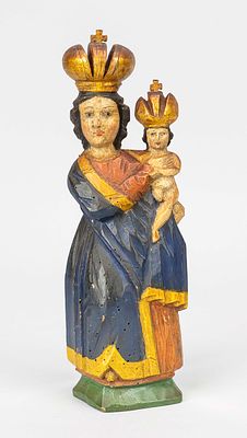 Madonna and Child, 19th/20th century, wood carved in bas-relief, painted, partially gilded 