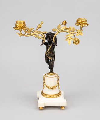 Figurative candlestick, France, 19th century, marble and bronze, gilded and darkly patinated. 