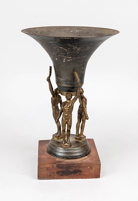 Table centerpiece, first half of the 20th century, wood, brass, cast metal. Square wooden base 