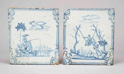 2 stove tiles, Scandinavia, 18th century, ceramic with fine blue painting on a matte white 