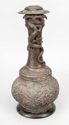 Lamp base, Persian, first half of the 20th century, cast metal, partially patinated or painted. 