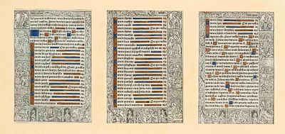 3 pages from a book of hours, early 16th century, colored on parchment. Borders with numerous 