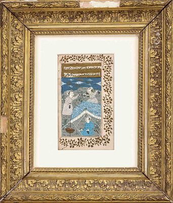 Persian miniature painting, 19th century, polychrome on paper. Scenic depiction with three 