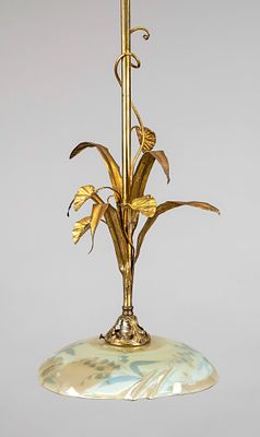 Art Nouveau ceiling light, ca. 1900, gilded bronze/brass, iridescent glass shade with gold cold 