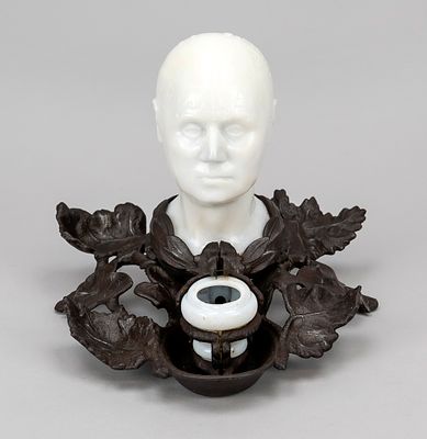 Inkwell with Phrenological Head, late 19th century, cast iron and frosted glass. Two-part iron 