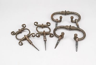 4 chest handles, 19th century or older, iron. 2 pairs, each forged differently, some likely 
