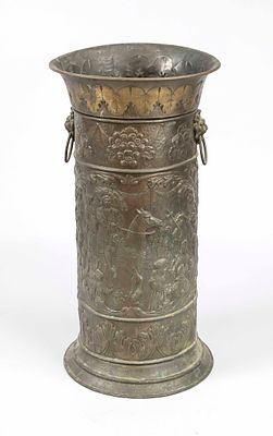 Umbrella stand, late 19th century, copper sheet with embossed decoration, ring handles on lion 