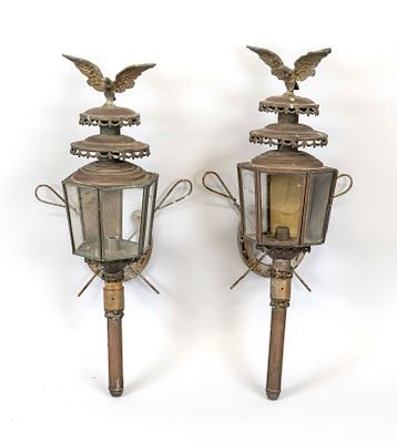 Pair of carriage lamps, 19th century, copper, brass, glass. Classic lantern shape with eagle 