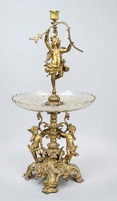 Figurative candlestick or table centerpiece, gilded bronze, with a glass bowl (minimally 