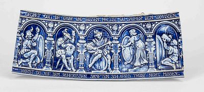Wall relief, late 19th century, blue-gray glazed earthenware. Mold impression for a beer mug 
