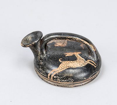 Small Campanian asko jug, from southern Italy, ca. 400 BCE, red ceramic with black slip 