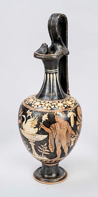 Large Canosan oinochoe wine jug, from southern Italy, ca. 300 BCE, red ceramic with black slip 