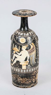 Alabastron ointment jar, Gnathia pottery, from southern Italy, ca. 4th century BC, red pottery 