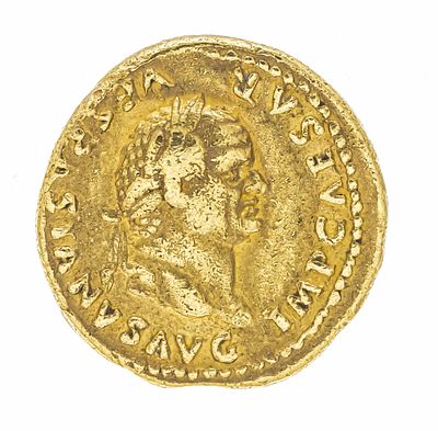 Gold coin, Roman Imperial period, Aureus of Vespasian, 1st century AD. Obverse: Head of 
