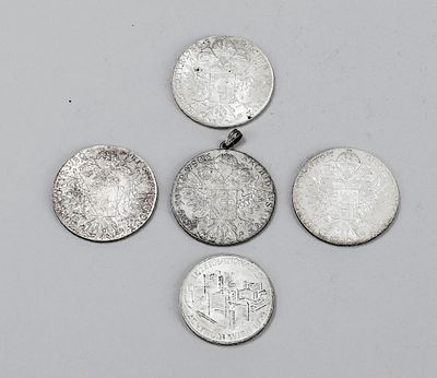 5 silver coins, 20th century. 4 x Maria Theresa Taler (one with a bend). 1 x 100 Schilling 