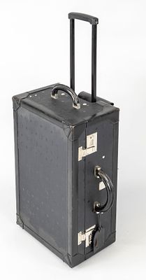 MCM, vintage hard-shell rolling suitcase, black nylon fabric with Heritage pattern logo print 