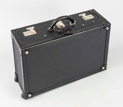 MCM, vintage hard-shell rolling suitcase, black nylon fabric with Heritage pattern logo print 