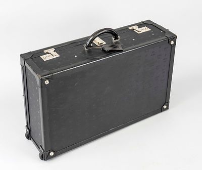 MCM, vintage hard-shell rolling suitcase, black nylon fabric with Heritage pattern logo print 