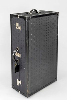 MCM, large vintage hard-shell rolling suitcase, black nylon fabric with Heritage pattern logo 