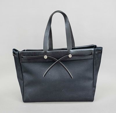 Hermes, Herbag Cabas Bag, black sturdy canvas fabric with black calf leather details 