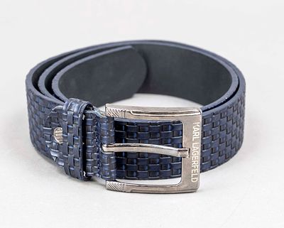 Karl Lagerfeld, wide belt, midnight blue textured leather with a braided look, silver-colored 