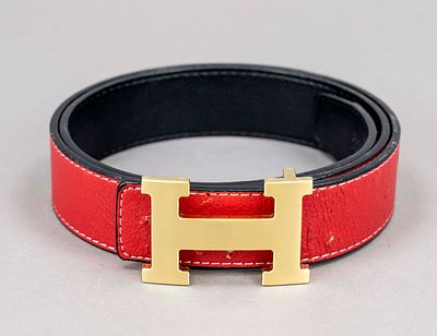 Herm&egrave;s, reversible belt, cherry red and black grained leather, partially with white decorative 