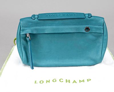 Longchamp, small clutch/pochette, petrol-colored finely grained leather, silver-colored 