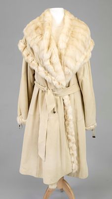 Coat with fur trim, sand-colored fine nubuck leather with partial cream fur trim 
