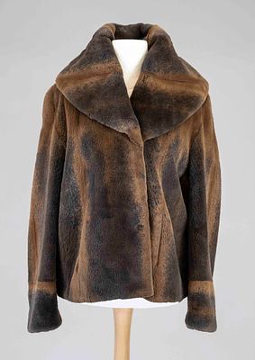 Fur jacket, brown iridescent sheared mink, wide collar, fastens with concealed fur hooks 