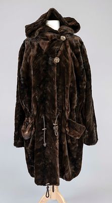Winter coat with hood, chocolate-brown iridescent sheared mink, fastened with concealed fur 