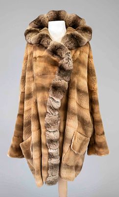 Cozy short coat, sheared mink in various iridescent brown tones with partial chinchilla trim 