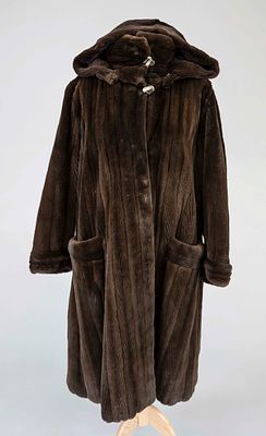 Winter coat with detachable hood, chocolate brown iridescent sheared mink, small stand-up 