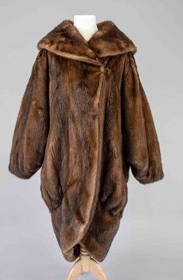 Vintage mink coat, chocolate-brown iridescent mink, wide collar, fastens with concealed fur 