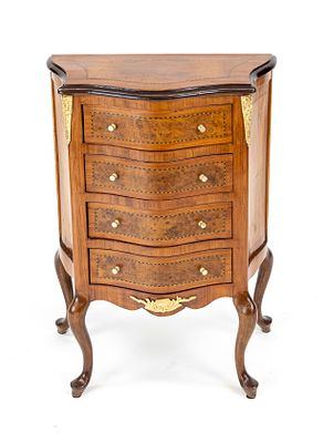 French chest of drawers, 20th century, walnut, framed veneer panels on all sides, curved body 
