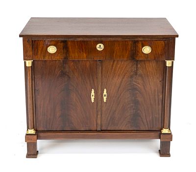 Biedermeier half-cabinet, circa 1810, mahogany, brass inlays and hardware, two-door cabinet 