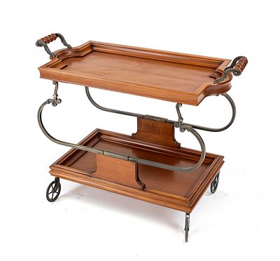 Bar/serving cart, 20th century, yew wood, brass frame on rubber-coated wheels, 70 x 91 x 41 cm