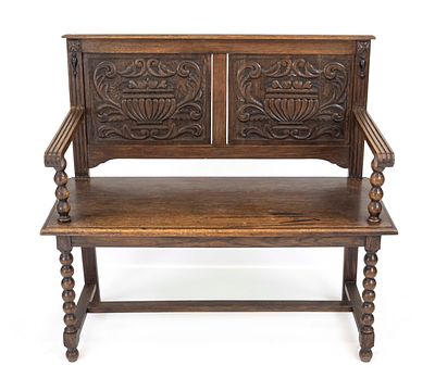 Historicist bench, circa 1880, oak, period-style turned frame with carvings, 100 x 103 x 47 cm