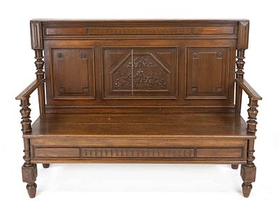Bench, circa 1890, oak, coffered back panel with carving, 108 x 143 x 46 cm