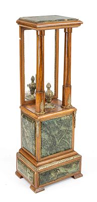 Console palm pedestal, 20th century, walnut, applied green marble panels, brass appliqu&eacute;s, 110 