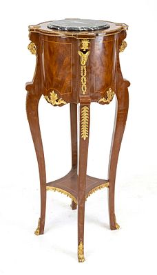 Drum-shaped palm pedestal, 20th century, mahogany veneer, marquetry panels and gilded brass 